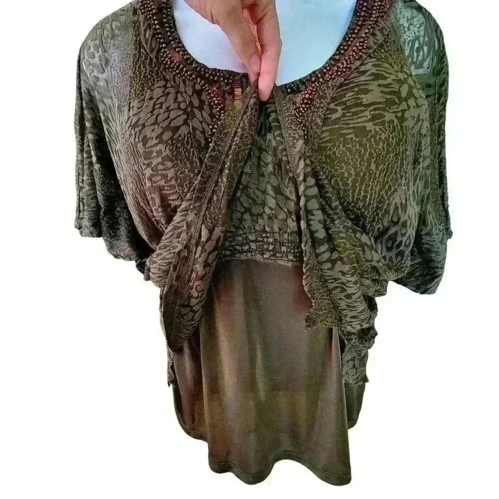 Alfani Sheer Blouse Top Olive Green Animal Print Beaded Neckline 2 Piece Size L - Picture 7 of 9